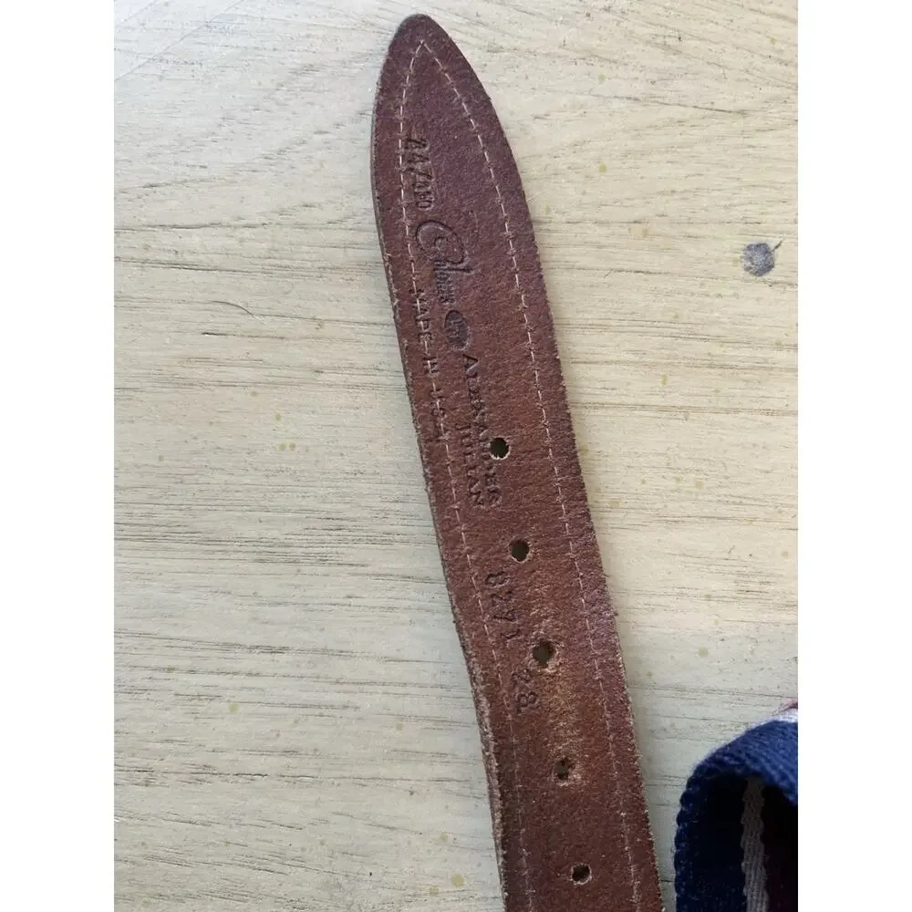 2* VTG Golf Belt Men 42/44 Burgundy Blue Stripe Canvas Brown Leather Colours R
